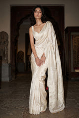 Off White Banarasi Silk Saree with Floral Motifs
