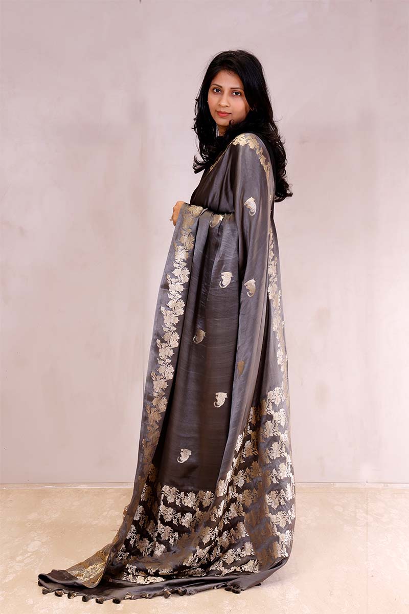 Grey Handloom Gajji Silk Banarasi Saree