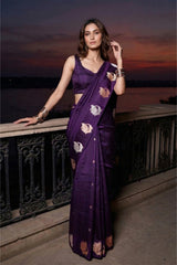 Purple Handloom Banarasi Silk Saree With Peacock Motifs