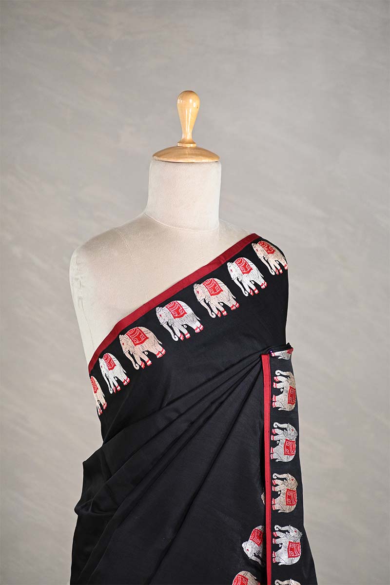 Black Handloom Banarasi Silk Saree with Elephant Motifs