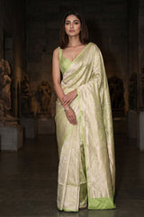 Light Green Brocade Banarasi Silk Saree with Silver Zari Border