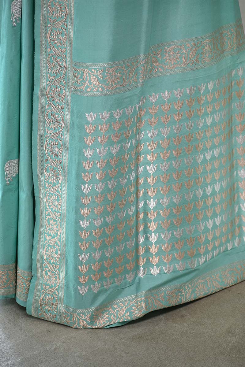 Powder Blue Satin Saree with Gold & Silver Zari Pichwai Motifs