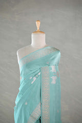 Powder Blue Satin Saree with Gold & Silver Zari Pichwai Motifs