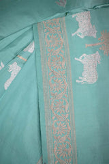 Powder Blue Satin Saree with Gold & Silver Zari Pichwai Motifs