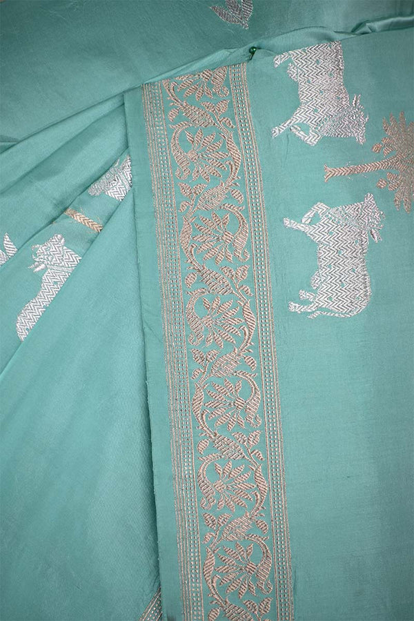 Powder Blue Satin Saree with Gold & Silver Zari Pichwai Motifs