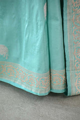 Powder Blue Satin Saree with Gold & Silver Zari Pichwai Motifs