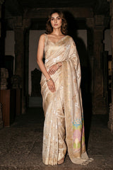 Beige Kadhwa Handloom Katan Silk Banarasi Saree with Meenakari Border