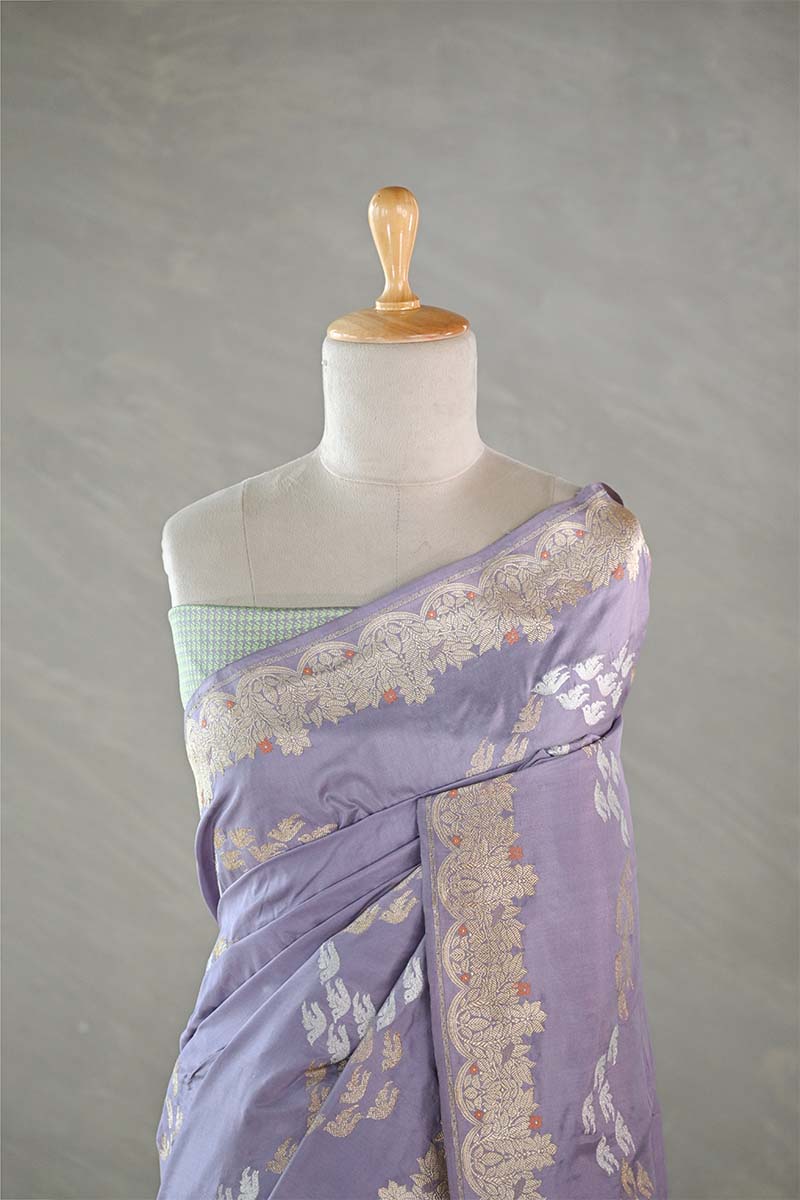 Lilac Kadhwa Handloom Katan Silk Banarasi Saree with Meenakari Border