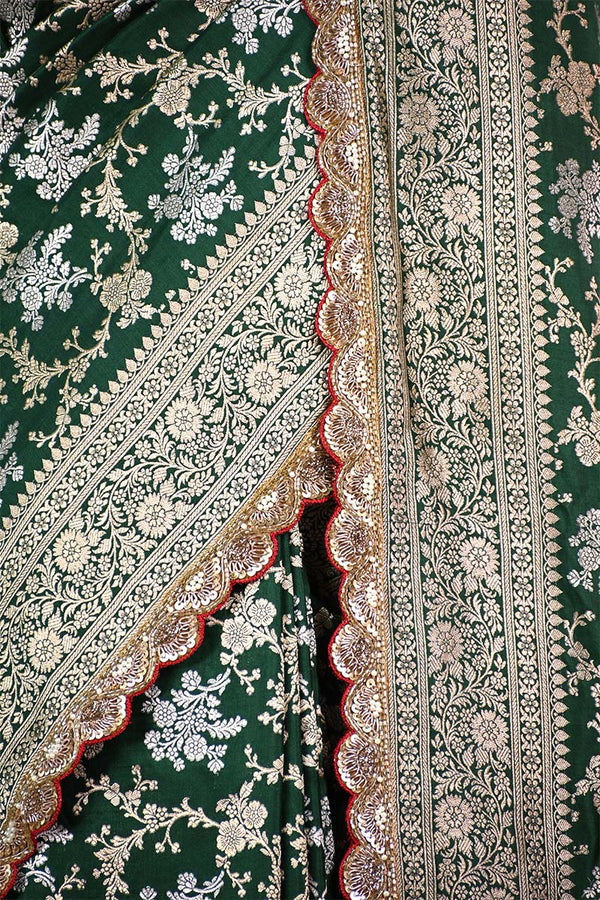 Bottle Green Banarasi Silk Saree with Sona-Rupa Floral Work