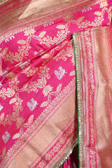 Rani Pink Banarasi Silk Saree with Sona-Rupa Peacock & Gaja Motifs