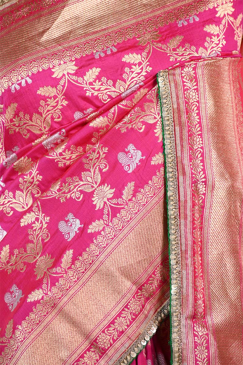 Rani Pink Banarasi Silk Saree with Sona-Rupa Peacock & Gaja Motifs