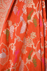Orange Banarasi Silk Saree with Sona-Rupa Grapes & Birds Woven Work