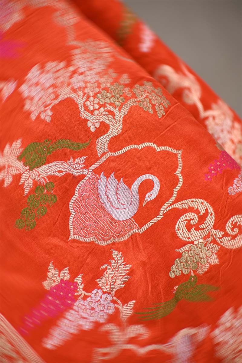 Orange Banarasi Silk Saree with Sona-Rupa Grapes & Birds Woven Work
