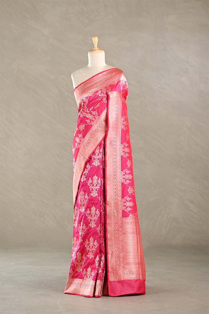 Pink Banarasi Katan Silk Saree with Floral Zari Ornaments
