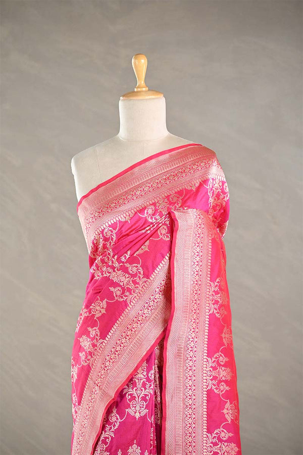 Pink Banarasi Katan Silk Saree with Floral Zari Ornaments