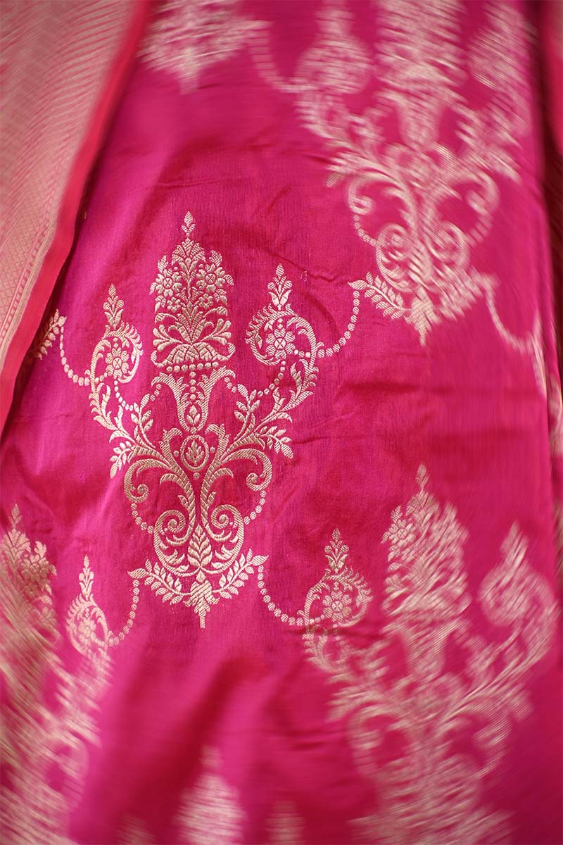Pink Banarasi Katan Silk Saree with Floral Zari Ornaments