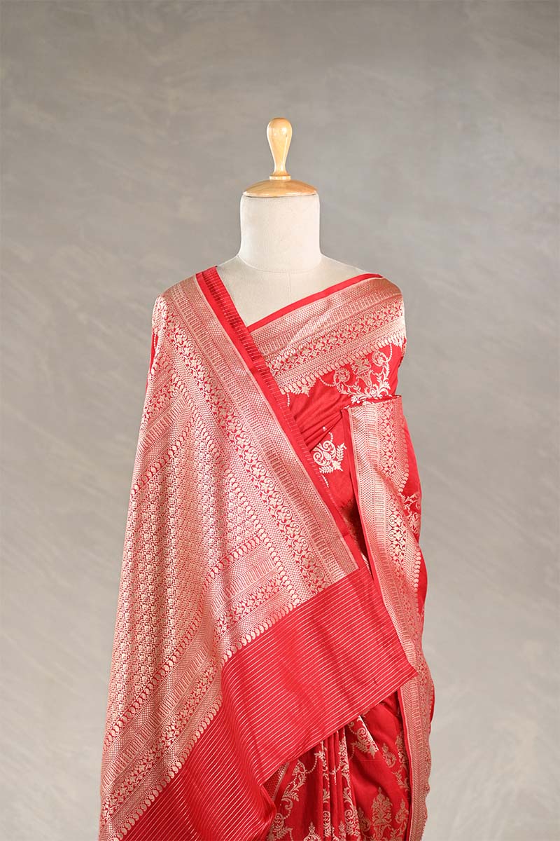 Red Banarasi Katan Silk Saree with Floral Zari Ornaments