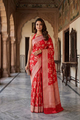 Red Banarasi Katan Silk Saree with Floral Zari Ornaments