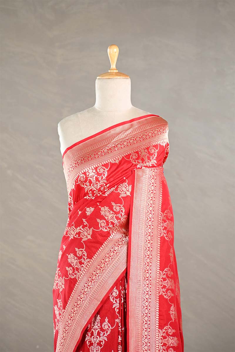 Red Banarasi Katan Silk Saree with Floral Zari Ornaments