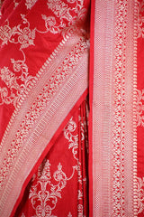 Red Banarasi Katan Silk Saree with Floral Zari Ornaments