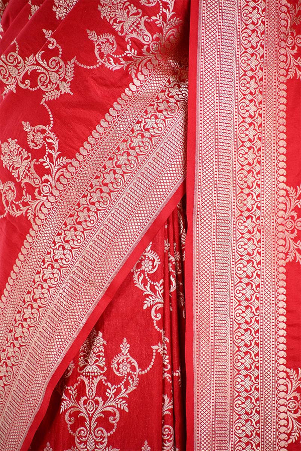 Red Banarasi Katan Silk Saree with Floral Zari Ornaments