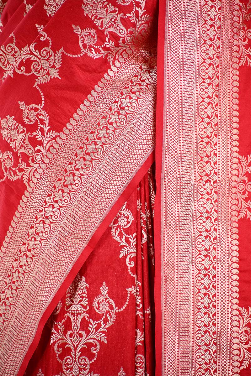 Red Banarasi Katan Silk Saree with Floral Zari Ornaments
