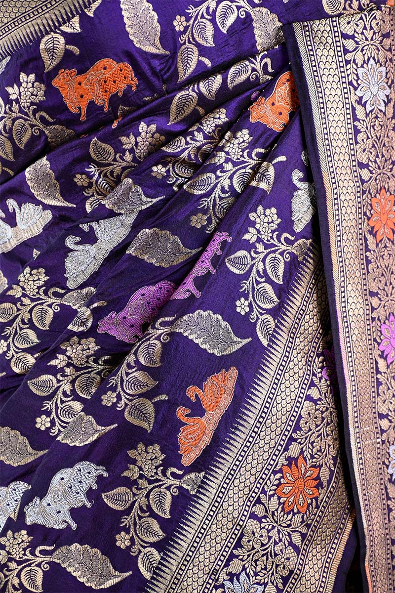 Purple Banarasi Katan Silk Saree with Meenakari Cow-Swan Motifs
