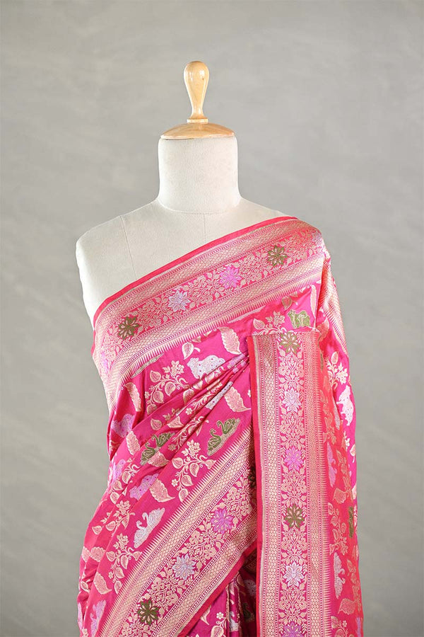 Pink Banarasi Katan Silk Saree with Meenakari Cow-Swan Motifs
