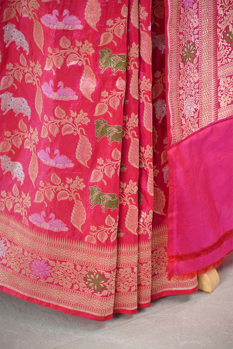 Pink Banarasi Katan Silk Saree with Meenakari Cow-Swan Motifs