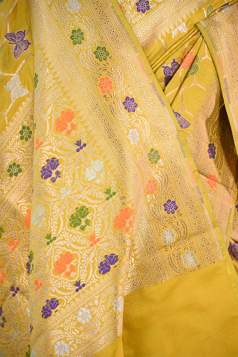 Yellow Banarasi Silk Saree with Butterflies & Meenakari Work