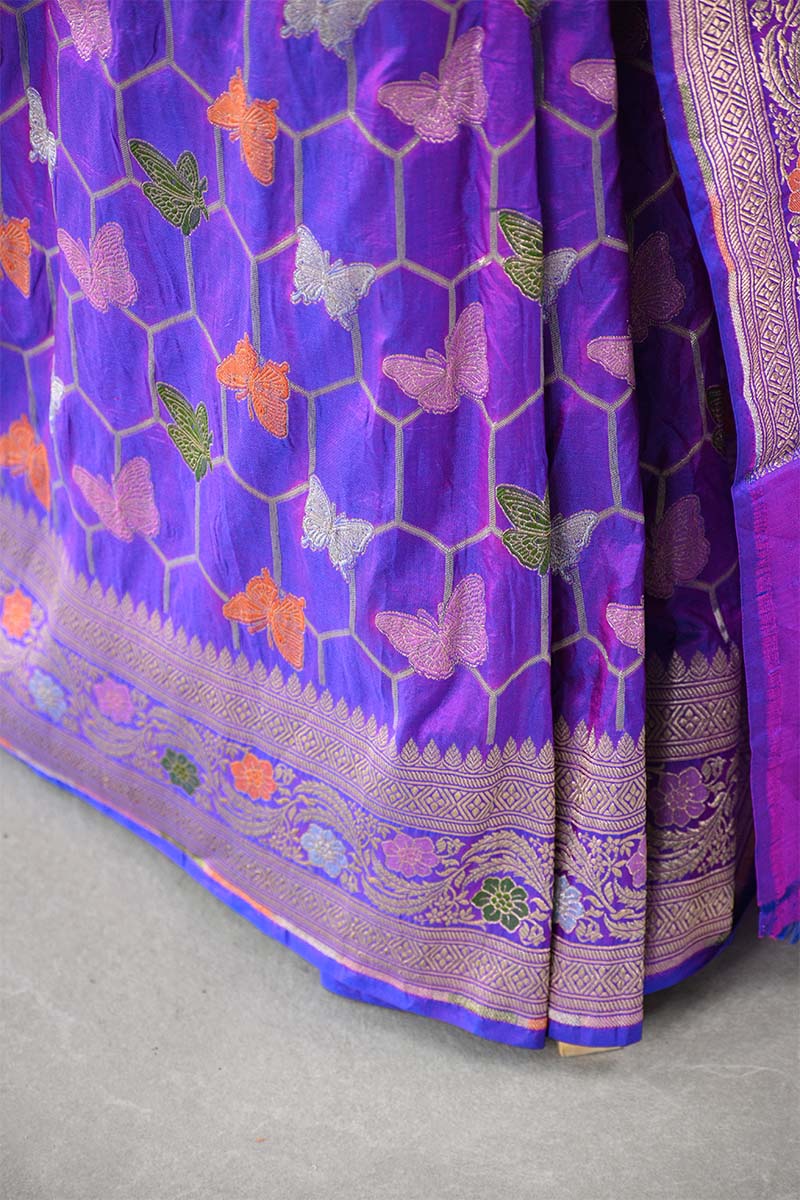 Violet Banarasi Silk Saree with Butterflies & Meenakari Work