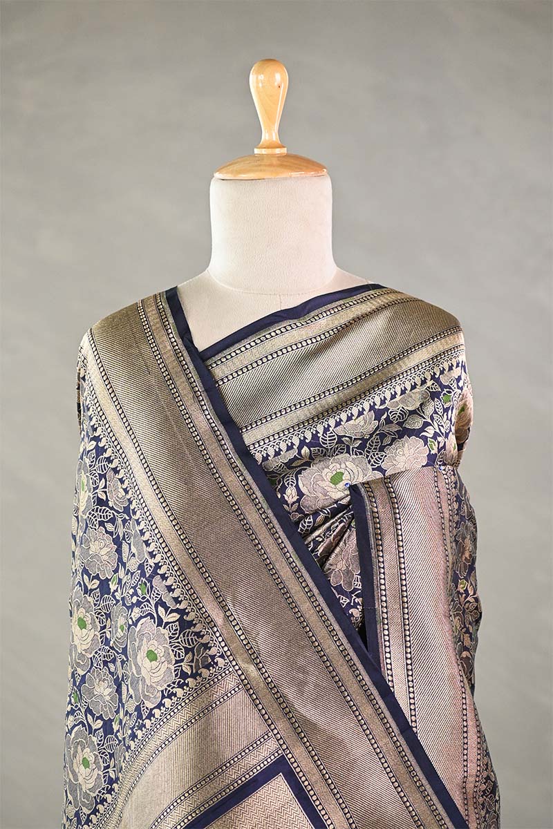 Deep Blue Banarasi Silk Saree with Rose Floral Jaal Work