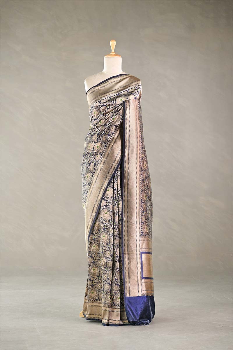 Deep Blue Banarasi Silk Saree with Rose Floral Jaal Work