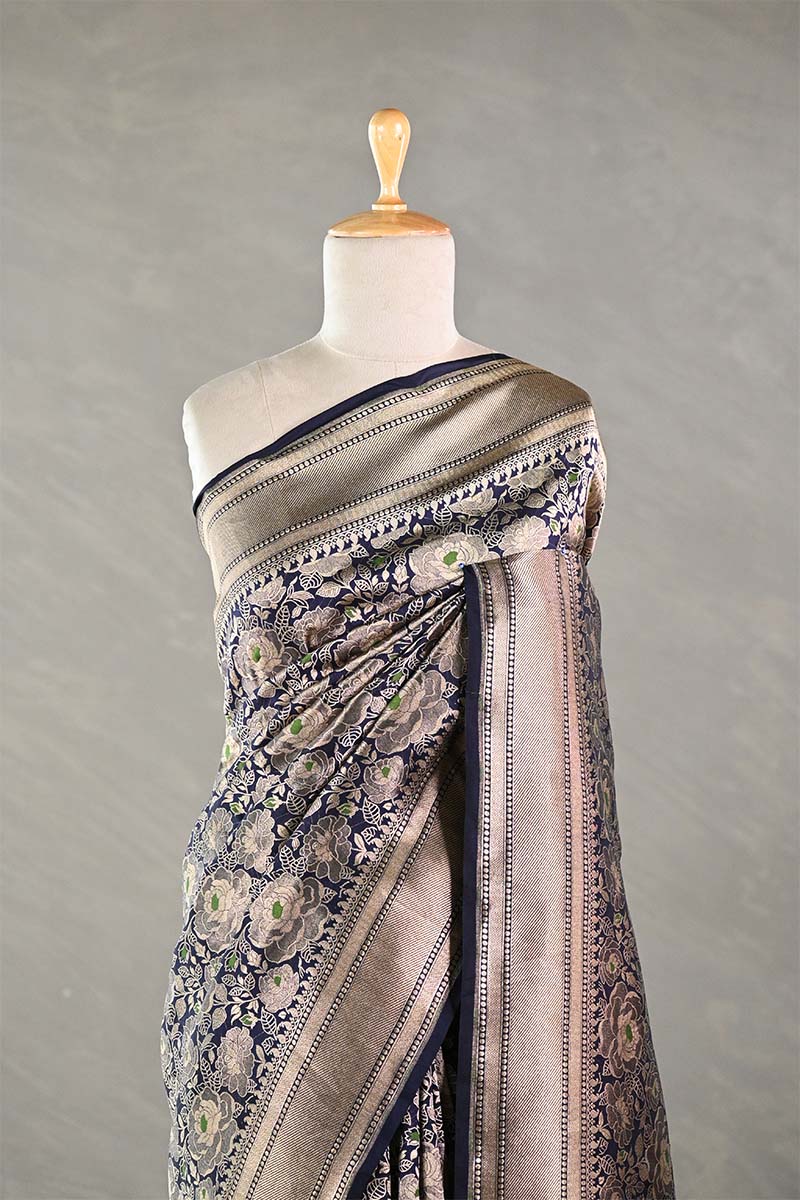 Deep Blue Banarasi Silk Saree with Rose Floral Jaal Work