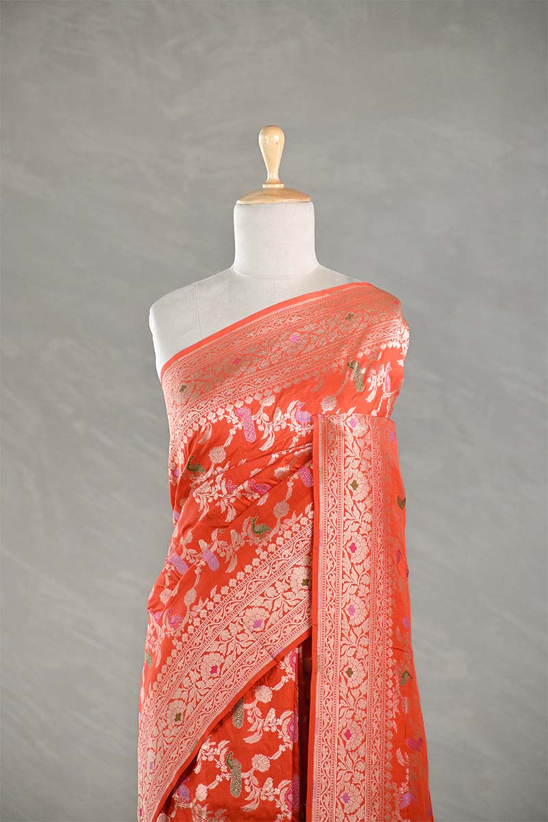 Orange Banarasi Silk Saree with Mayur-Swan Meenakari Work