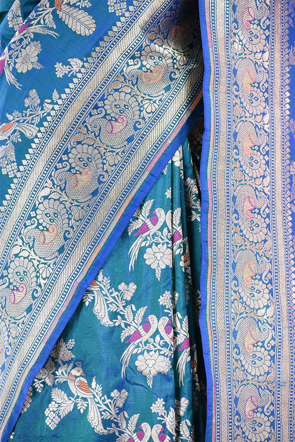 Teal Blue Banarasi Katan Silk Saree with Mayur-Pakshi Motifs