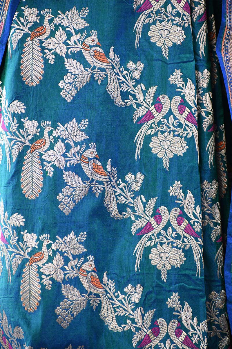 Teal Blue Banarasi Katan Silk Saree with Mayur-Pakshi Motifs