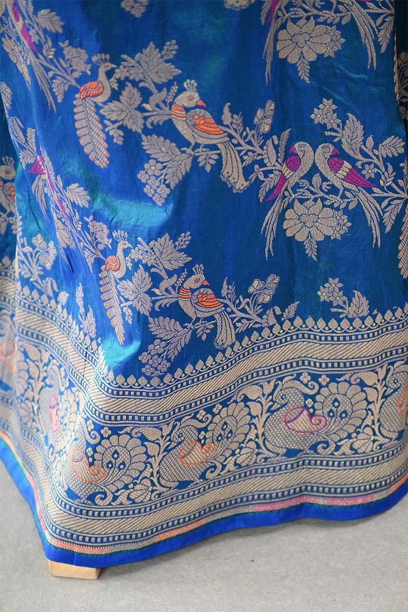 Teal Blue Banarasi Katan Silk Saree with Mayur-Pakshi Motifs