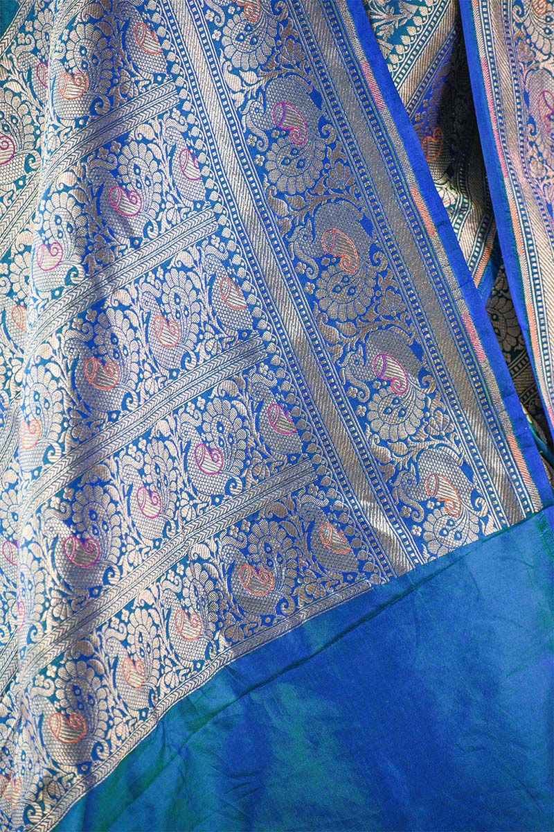 Teal Blue Banarasi Katan Silk Saree with Mayur-Pakshi Motifs
