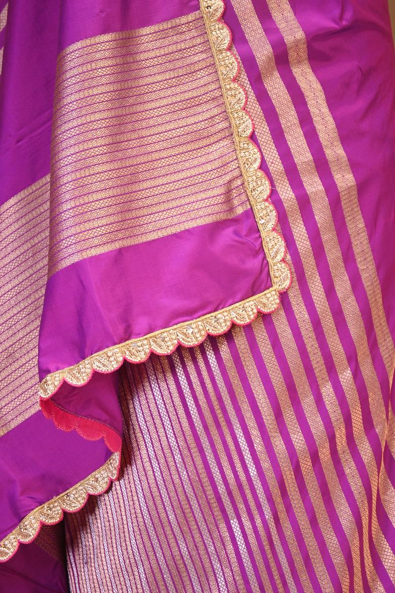 Purple Banarasi Katan Silk Saree with Sona-Rupa Geometric Stripes