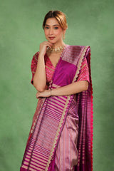 Purple Banarasi Katan Silk Saree with Sona-Rupa Geometric Stripes
