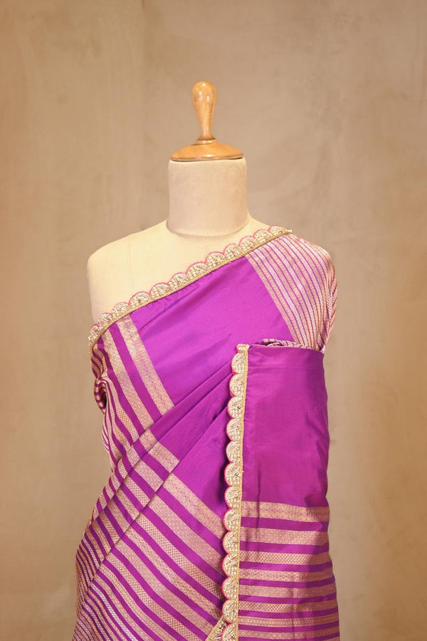Purple Banarasi Katan Silk Saree with Sona-Rupa Geometric Stripes