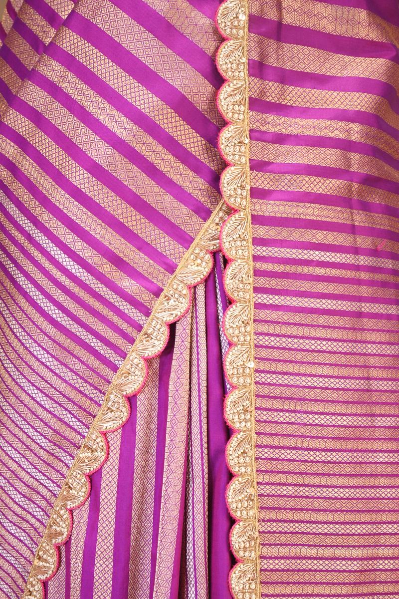 Purple Banarasi Katan Silk Saree with Sona-Rupa Geometric Stripes