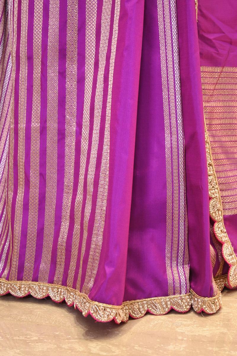 Purple Banarasi Katan Silk Saree with Sona-Rupa Geometric Stripes