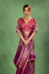 Purple Banarasi Katan Silk Saree with Sona-Rupa Geometric Stripes