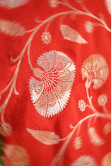 Red Handloom Banarasi Katan Silk Saree with Gold-Silver Zari Floral Jaal