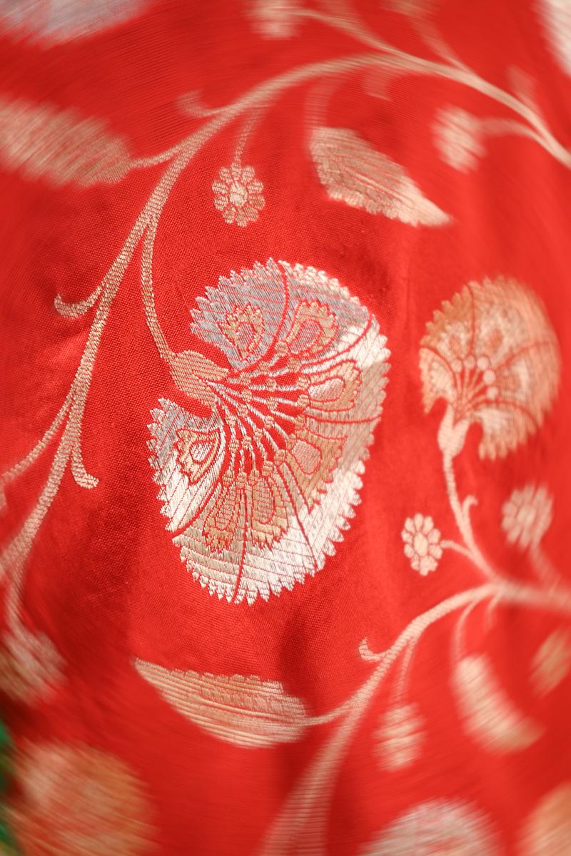 Red Handloom Banarasi Katan Silk Saree with Gold-Silver Zari Floral Jaal