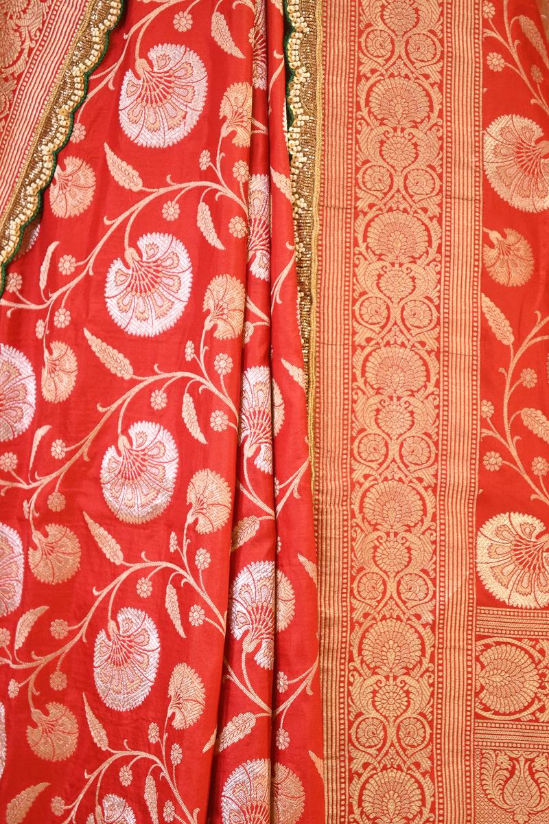 Red Handloom Banarasi Katan Silk Saree with Gold-Silver Zari Floral Jaal