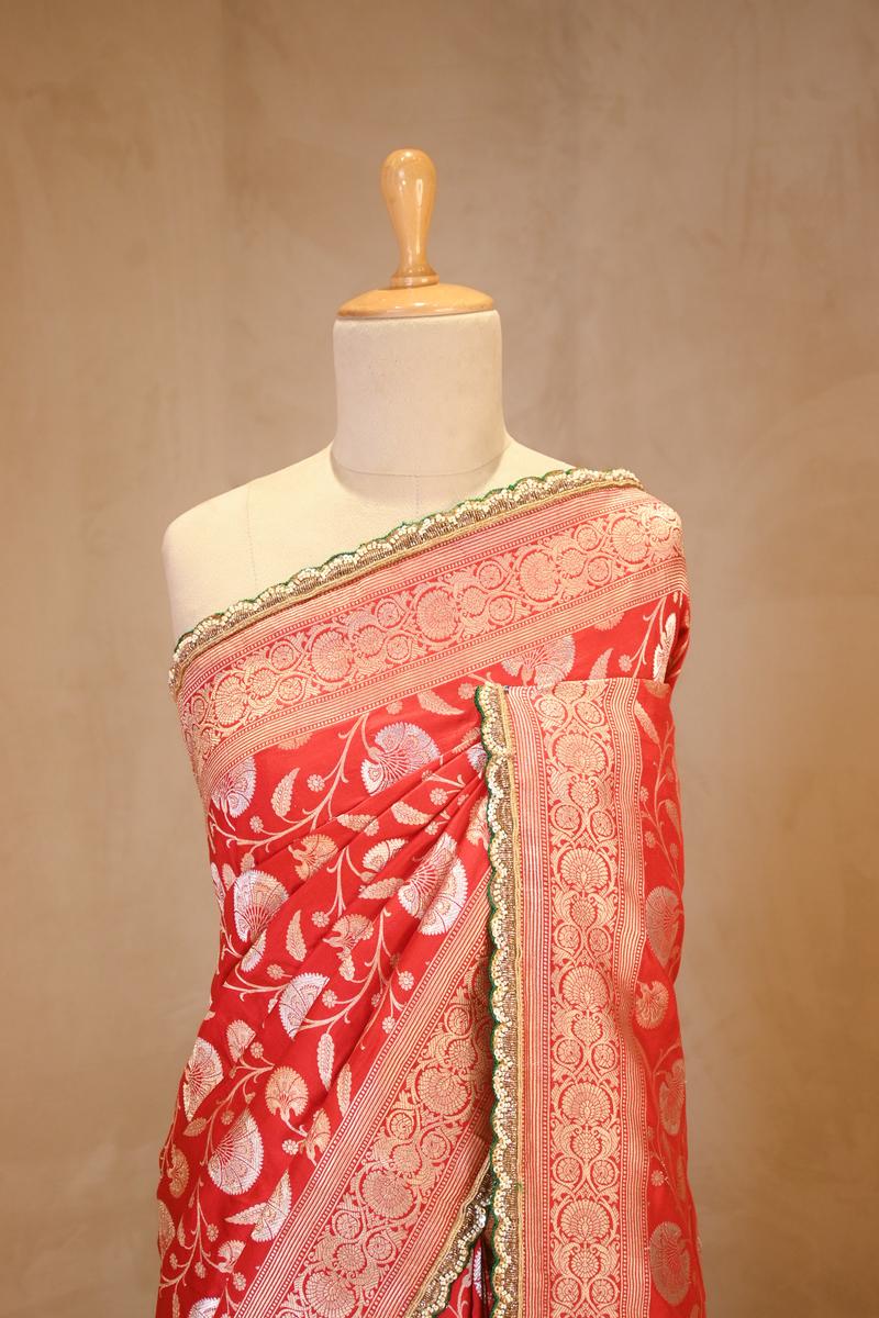 Red Handloom Banarasi Katan Silk Saree with Gold-Silver Zari Floral Jaal