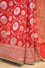 Red Handloom Banarasi Katan Silk Saree with Gold-Silver Zari Floral Jaal